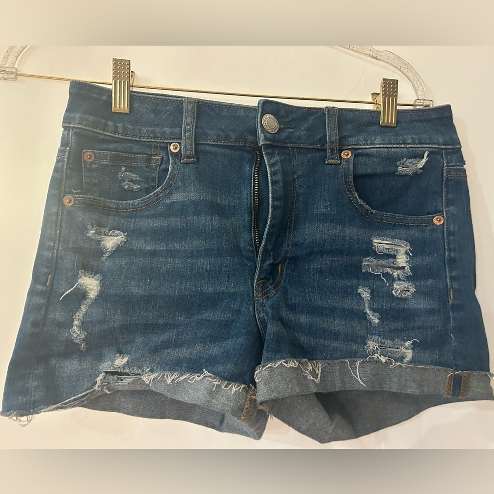 American Eagle Women's Distressed Dark Blue Denim Shorts